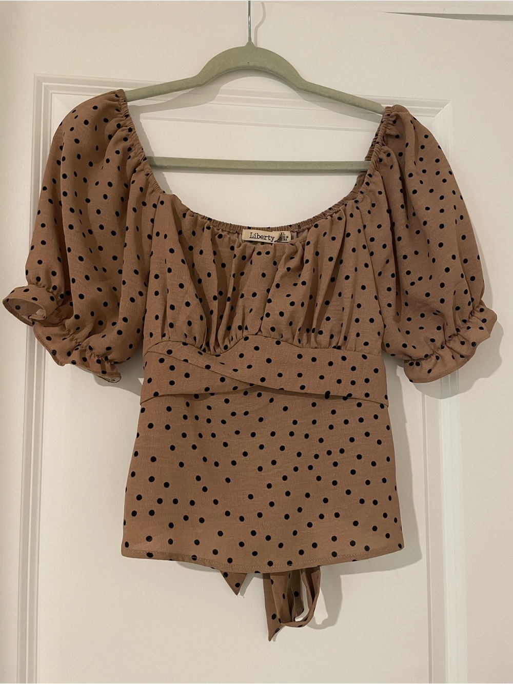 Liberty Love Tan Polka Dot Puff-Sleeve Square Neck Top